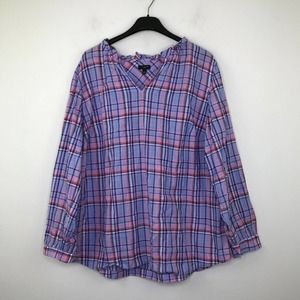 Talbots Women's 2X Shirt Purple Plaid Long Sleeve Ruffle Notch Neck Cotton CV4